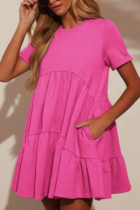Tiered Round Neck Short Sleeve Mini Dress - Odaingerous